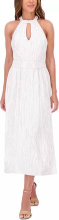 Kensie Metallic Pleated Keyhole-Cutout Maxi Dress In Silver