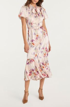 Cinq &agrave; Sept Iris Bouquet Willow Tie Neck Midi Dress in Oatmilk Multi at Nordstrom, Size 10