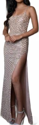 Rachel Allan Beaded Sleeveless Slit Gown In Nude Gold