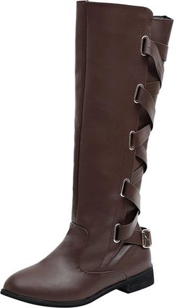 Generic Long Leather Boots Wide Calf - Flat Boots For Women Anti-Slip Flat Shoe Winter Personalized Back Lace Boots Solid Color Buckle Biker Boot Large Retro 