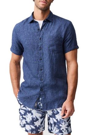 Rodd & Gunn Palm Beach Sports Fit Short Sleeve Linen Button-Up Shirt in Marine at Nordstrom, Size Xxx-Large