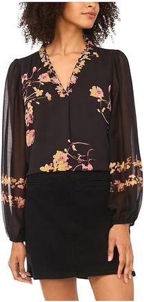 Vince Camuto V-Neck with Long Sleeve Womens Clothing Rich Black : SM, Polyester