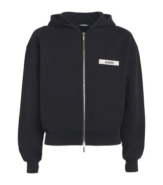 Jacquemus Mens Grosgrain Logo Zip-Up Hoodie - Black Cotton - Size X-Large