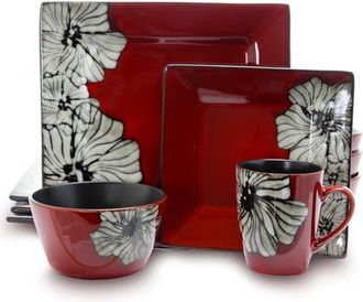 Elama Winter Bloom 16 Piece Square Stoneware Dinnerware Set in Red at Nordstrom
