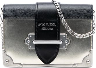 Prada Pre-owned Womens Saffiano Trimmed Metallic Vitello Cahier Bag - Silver Leather - One Size