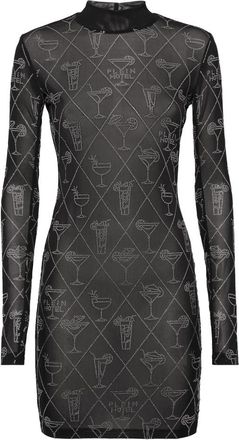 Philipp Plein Tulle Mini Jurk met Lange Mouwen Monogram Strass - Dames - Feestkleedjes - Zwart - L - Polyester - Kleedjes