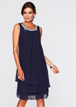 Bonprix Chiffonkleid BONPRIX, Damen, Gr. 40, N-Gr, blau (dunkelblau), Obermaterial: 100% Polyester. Futter: 100% Polyester, festlich, loose fit, Kleider Chiff