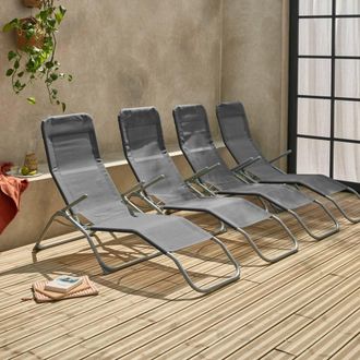 Sweeek Set Of 4 Textilene Folding Sun Loungers With 2 Positions in Grey