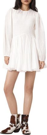 AllSaints Chia Smock Bodice Long Sleeve Cotton Blend Minidress in White at Nordstrom, Size 10 Us
