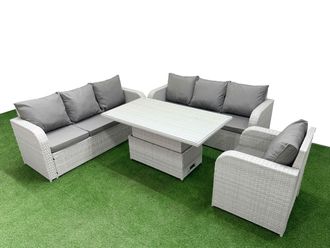 Fimous 7 Seater Poly Rattan Outdoor Garden Furniture Adjustable Lifting Dining or Coffee Table Sofa Set Patio 3 Seater Sofa Reclining Chair 3 Seater