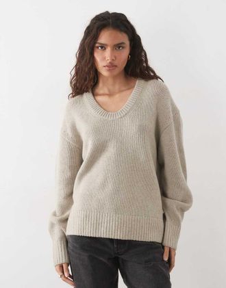 Arket maglione in pura lana con scollo ampio profondo beige-Neutro