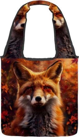 Generic Autumn Leaves Fox Reversible Canvas Shoulder Tote - Double-Sided Print, 12oz Cotton, 27cm Drop, Fold-Flat Bag for Travel, Shopping, Street Outings