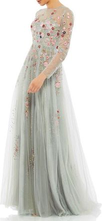 Mac Duggal Embroidered Illusion High Neck Long Sleeve A Line Gown in Platinum Multi at Nordstrom, Size 10