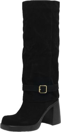 Generic Womens Western Cowboy Boots, 9Cm Block Heel Suede Long Shaft Boots Plus Size Round Toe Slip-On Shoes with Pleat Look And Buckles Winter Boots for Ever