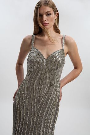 Karen Millen Womens Petite Beaded Contour Sweet Heart Neckline Woven Maxi Dress - Silver - Size 14 UK
