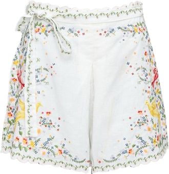 Zimmermann Carnaby white linen cotton phoenix embroidery scallop shorts US2 S2
