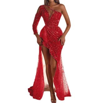 Generic Dresses for Women UK 80s Fancy Dress for Women Off Shoulder Sequin Gown Irregular Hem Prom Dress Carnival Row Red