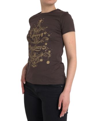 Dolce & Gabbana Womens Brown Crewneck 2017 Motive Print T-Shirt Cotton
