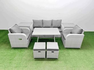 Fimous Reclining Chair 3 Seat Sofa Set Garden Furniture with Dining Table in Light Grey