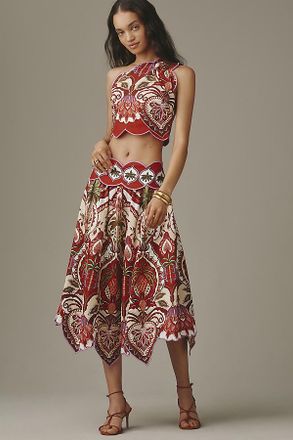 Farm Rio Odara Linen Blend Scalloped Midi Skirt