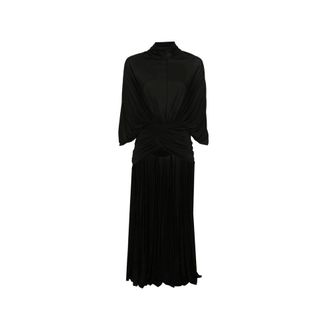 Jean Paul Gaultier Kleedjes, Dames, Zwart, S, Leer, Maxi jurk met hoge hals en draperie