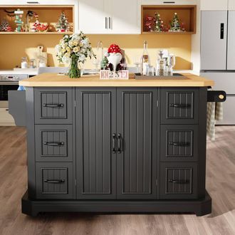 Merax Mobile Kitchen Island Cart with Buit-in Spice Rack Adjustable Shelves in Black