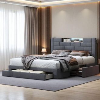 OEM Cama Doble 160x200 - Cofre Con Cajones - Iluminaci&oacute;n Rgb - Terciopelo Gris - 2 Plazas