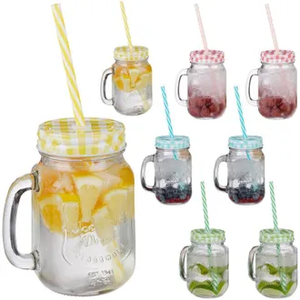 Relaxdays Set De 32 Vasos Con Tapa, Pajita Y Asa, Cristaler&iacute;a, Multi-color