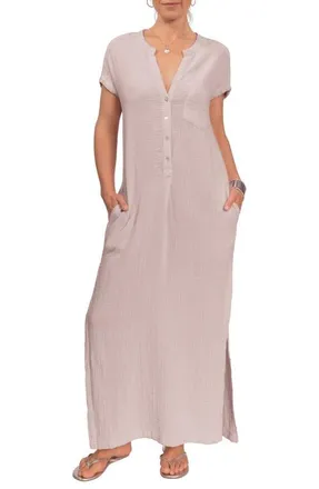 Everyday Ritual Stacey Split Neck Cotton Caftan in Light Grey at Nordstrom, Size X-Small