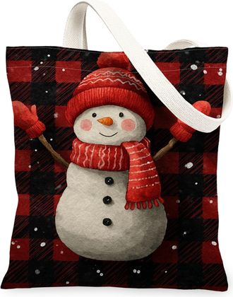 Generic Snow Man Canvas Tote Bags, Holiday Character Pattern Reusable Bags, Cozy Festive Lightweight Washable Shoulder Strap Canvas for Grocery Travel 13x15 I