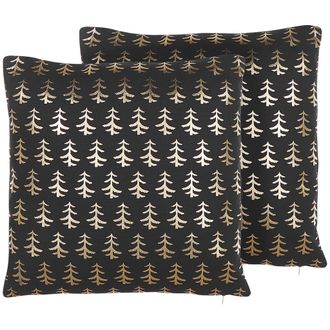 Beliani Beliani - Conjunto De 2 Cojines De Algod&oacute;n Negro Patr&oacute;n De &Aacute;rboles De Navidad Dorado 45 X 45 Cm Relleno Leroy