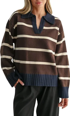 All in Favor Striped Polo Sweater in Brown Cream Navy at Nordstrom, Size Small