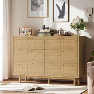 OEM Buffet Bajo De Rat&aacute;n, Buffet De Madera De Sal&oacute;n, 115x40x80 Cm, C&oacute;moda De Dormitorio Con 6 Cajones, Estilo Moderno, Mueble De Almacenamiento