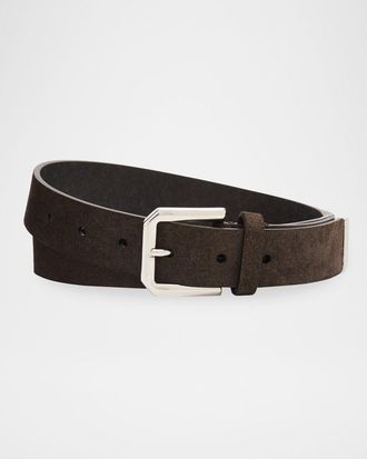 Brunello Cucinelli Men & apos;s Square-Buckle Suede Belt