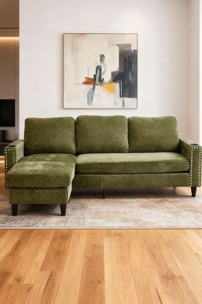 Living and Home Polyester Upholstered L-Shaped 3-Seater Sectional Sofa with Ottoman in Green