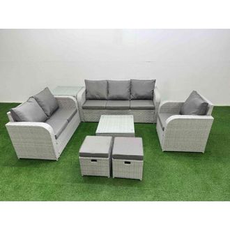 Fimous Patio pe Wicker 8 Seater Outdoor Rattan Furniture Sofa Sets with Square Coffee Table Reclining Chair Loveseat Sofa 3 Seater Sofa Stool 2 Side Table