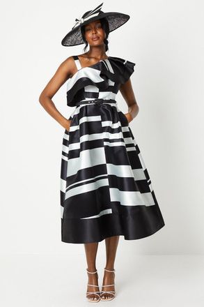 Coast Lisa Tan Geo Stripe Monochrome Ruffle Shoulder Midi Dress