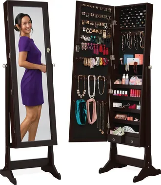 Best Choice Products Jewelry Armoire Cabinet, Full Length Mirror w/ Velvet Storage Interior, Lock