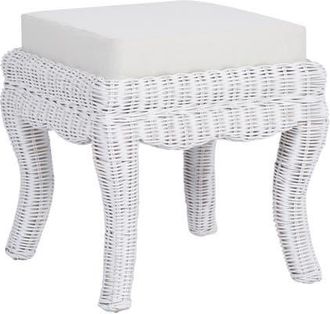 Jonathan Y Designs Rowan 19.7 Bohemian Designer Woven Rattan/Wood Ottoman Vanity Stool, White Cushion Seat in White Distressed at Nordstrom
