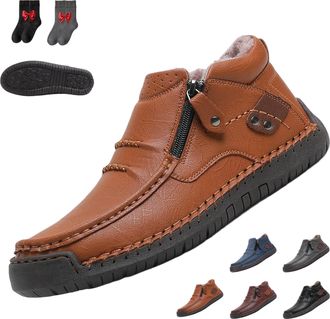 Generic Bofine Shoes for Men, Handmade Premium Leather Slip-On Driving Boot, Wide Toe Arch Support Office Shoes for Mans Casual (Brown B Plush,9.5)