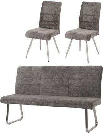Hhg Hhg - Juego De Comedor 221, Juego De 2 Sillas + Banco 180cm, Acero Inoxidable Cepillado Tela/textil Chenilla, Gris Oscuro