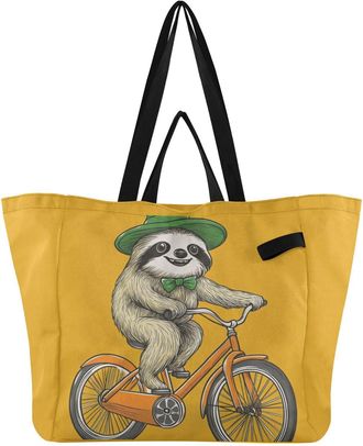 Generic Sloth Hat Green pattern Reusable Canvas Tote Bag, Heavy Duty Grocery Shopping Bag with Large Capacity Double Handles Hard Bottom Work Groceries Travel