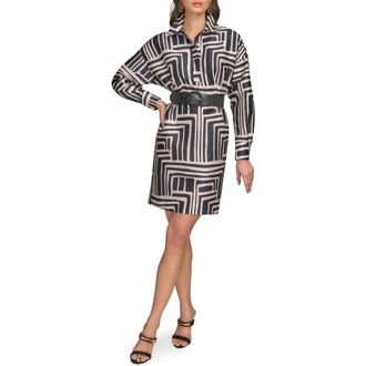 DKNY Abstract Print Long Sleeve Belted Shirtdress in Black/Sand at Nordstrom Rack, Size 4