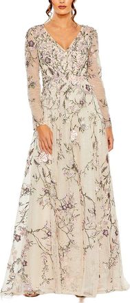 Mac Duggal V-Neck Long Sleeve Embroidered Gown