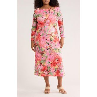 OLEG CASSINI Floral Long Sleeve Stretch Lace Dress in Pink Multi at Nordstrom Rack, Size 2X