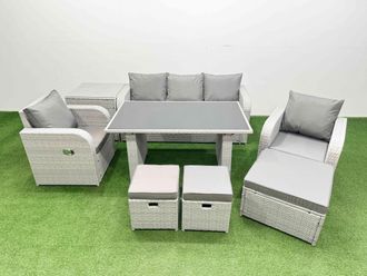Fimous Outdoor Rattan Garden Furniture Dining Set 8-seater with Side Table in Light Grey