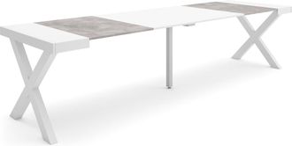 Skraut Home Skraut Home - Mesa Consola Extensible, Mesa Comedor Plegable, 300, Para 14 Comensales, Patas Madera Maciza, Estilo Moderno, Blanco Y Gris Cemento