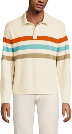 Lands End Long Sleeve Cotton Rugby Sweater Polo in Ivory Latte Multi Stripe at Nordstrom, Size Xx-Large