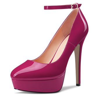 Castamere Women Stiletto High Platform Heel Round Toe Ankle Strap Pumps Court Shoe Slip-on Wedding Party Dress 13 CM Heels Magenta Peach Red 4 UK