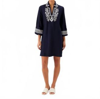 Karen Kane Cuffed Sleeve Embroidered Dress In Navy